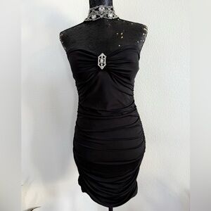 Papaya Vintage Y2K Black Strapless Ruched Mini Dress with Silver Accent Size L